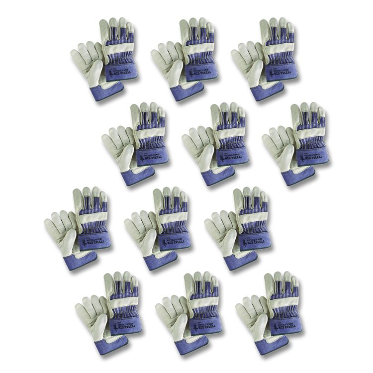 Mustang Leather Palm Gloves, Gunn Cut, Wing Thumb, Large, Blue/Cream, 12 Pairs