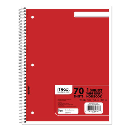 Spiral Notebook, 1-Subject, Wide/Legal Rule, Assorted Cover Colors, (70) 10.5 x 8 Sheets, 6/Pack