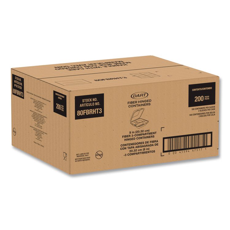 Compostable Molded Fiber Hinged Trays, ProPlanet Seal, 3 Compartments, 8.65 x 7.94 x 2.98, Natural, 200/Carton