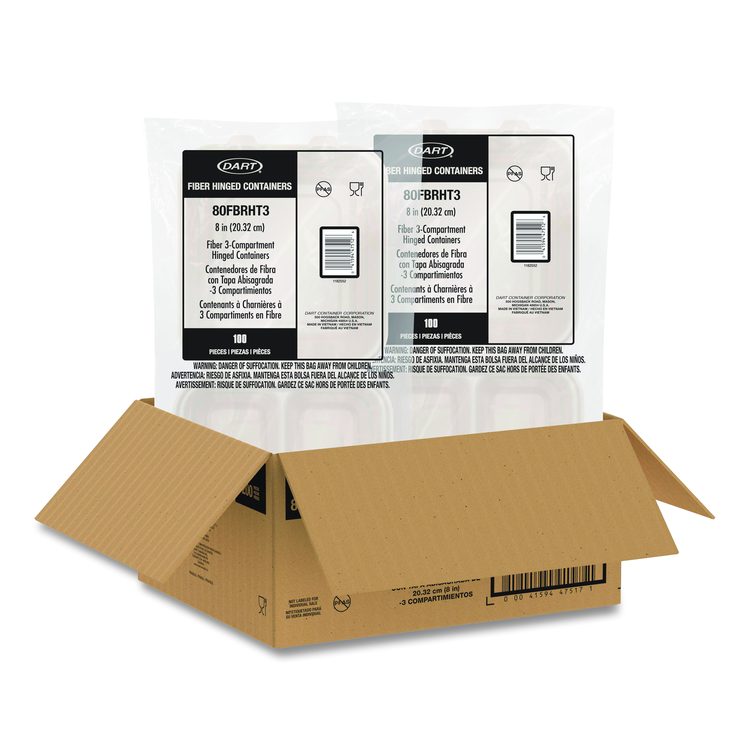 Compostable Molded Fiber Hinged Trays, ProPlanet Seal, 3 Compartments, 8.65 x 7.94 x 2.98, Natural, 200/Carton