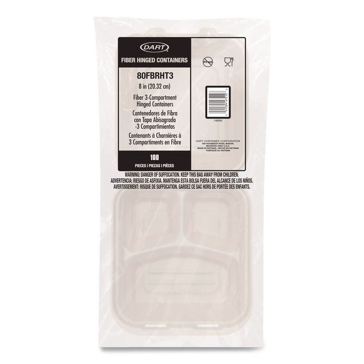 Compostable Molded Fiber Hinged Trays, ProPlanet Seal, 3 Compartments, 8.65 x 7.94 x 2.98, Natural, 200/Carton