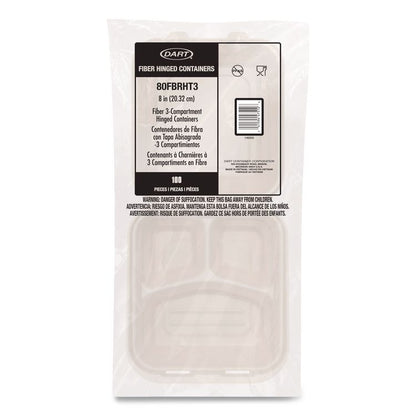 Compostable Molded Fiber Hinged Trays, ProPlanet Seal, 3 Compartments, 8.65 x 7.94 x 2.98, Natural, 200/Carton