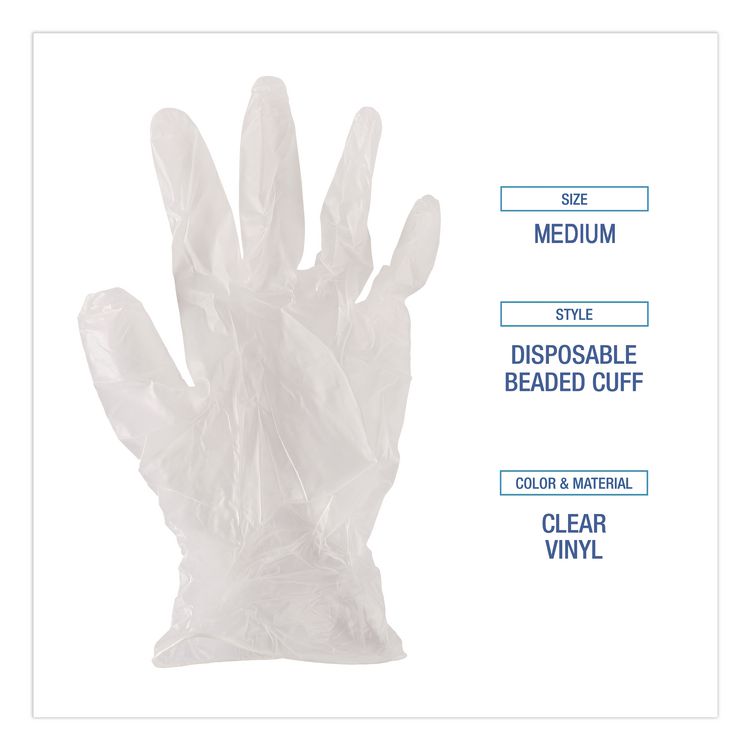 Exam Vinyl Gloves, Powder-Free, Medium, 3.6 mil Thick, 9.5" Long, Clear, 100/Box
