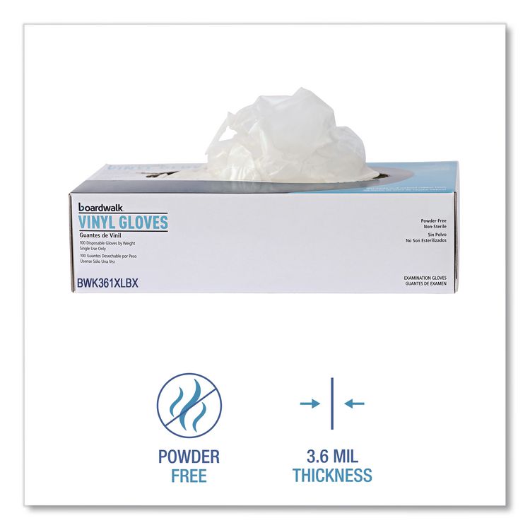 Exam Vinyl Gloves, Powder-Free, X-Large, 3.6 mil Thick, 9.5" Long, Clear, 100/Box, 10 Boxes/Carton