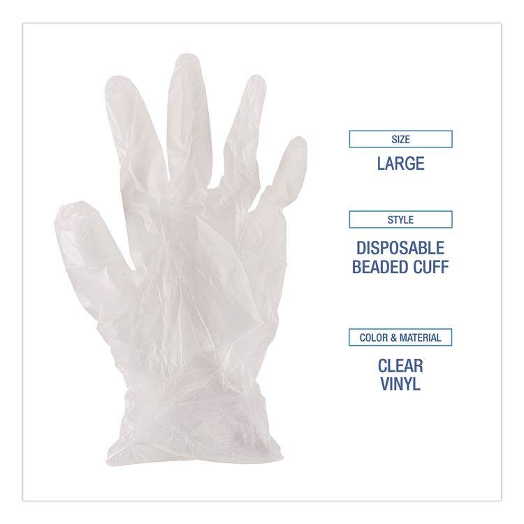 Exam Vinyl Gloves, Powder-Free, Large, 3.6 mil Thick, 9.5" Long, Clear, 100/Box