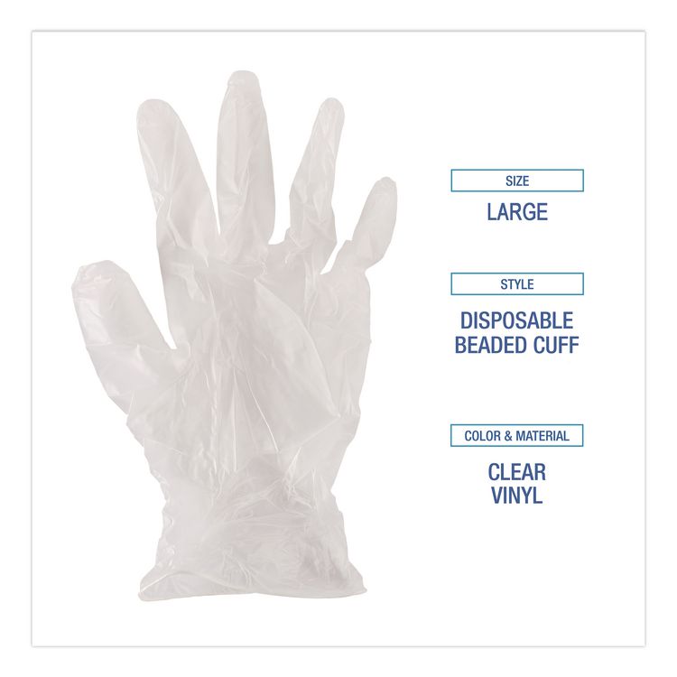 Exam Vinyl Gloves, Powder-Free, Large, 3.6 mil Thick, 9.5" Long, Clear, 100/Box, 10 Boxes/Carton