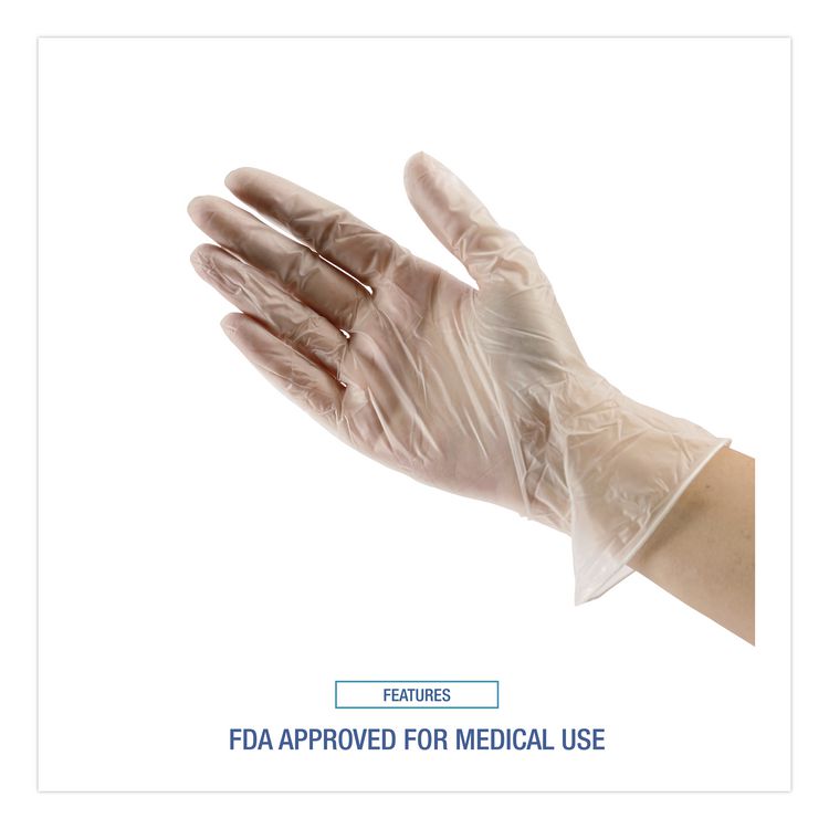Exam Vinyl Gloves, Powder-Free, Large, 3.6 mil Thick, 9.5" Long, Clear, 100/Box, 10 Boxes/Carton