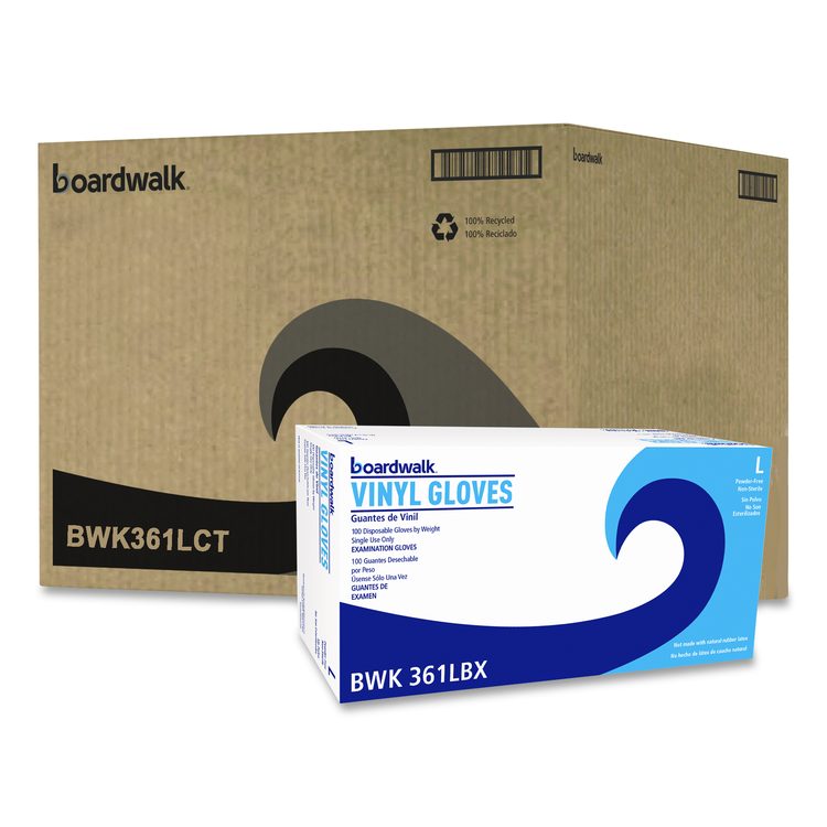 Exam Vinyl Gloves, Powder-Free, Large, 3.6 mil Thick, 9.5" Long, Clear, 100/Box, 10 Boxes/Carton