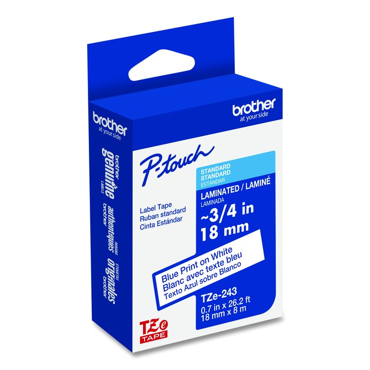 TZe Standard Adhesive Laminated Labeling Tape, 0.7" x 26.2 ft, Blue on White