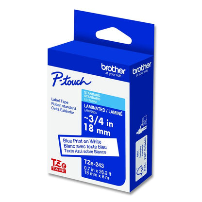 TZe Standard Adhesive Laminated Labeling Tape, 0.7" x 26.2 ft, Blue on White