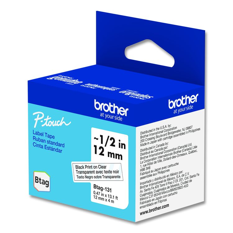 Genuine P-Touch BTAG Label Tapes, 0.47" x 13.1 ft, Black on Clear