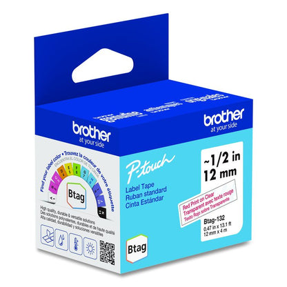 Genuine P-Touch BTAG Label Tapes, 0.47" x 13.1 ft, Red on Clear