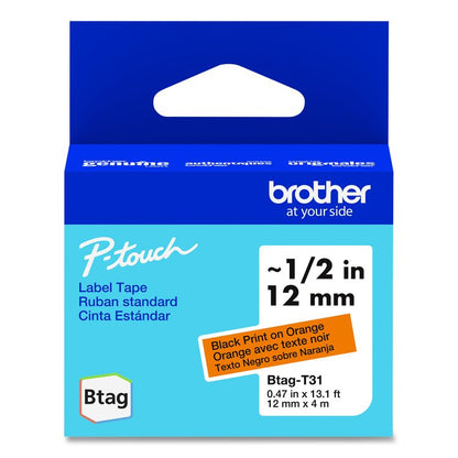 Genuine P-Touch BTAG Label Tapes, 0.47" x 13.1 ft, Black on Orange