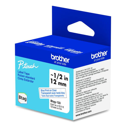 Genuine P-Touch BTAG Label Tapes, 0.47" x 13.1 ft, Blue on Clear