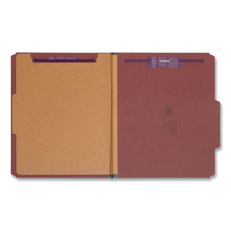 Pressboard Classification Folders, 2/5-Cut Tab, Expands 2", 1 Divider, 4 SafeSHIELD Fasteners, Letter Size, Red, 10/Box