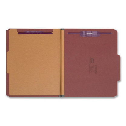 Pressboard Classification Folders, 2/5-Cut Tab, Expands 2", 1 Divider, 4 SafeSHIELD Fasteners, Letter Size, Red, 10/Box