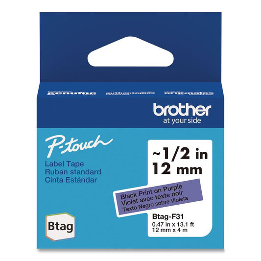 Genuine P-Touch BTAG Label Tapes, 0.47" x 13.1 ft, Black on Purple