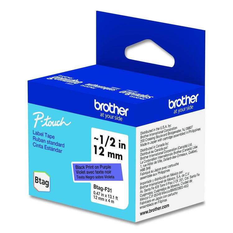Genuine P-Touch BTAG Label Tapes, 0.47" x 13.1 ft, Black on Purple