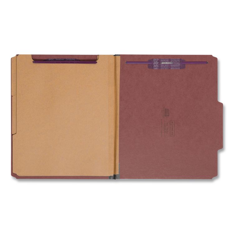 Pressboard Classification Folders, 2/5-Cut Tab, Expands 3", 3 Dividers, 8 SafeSHIELD Fasteners, Letter Size, Red, 10/Box
