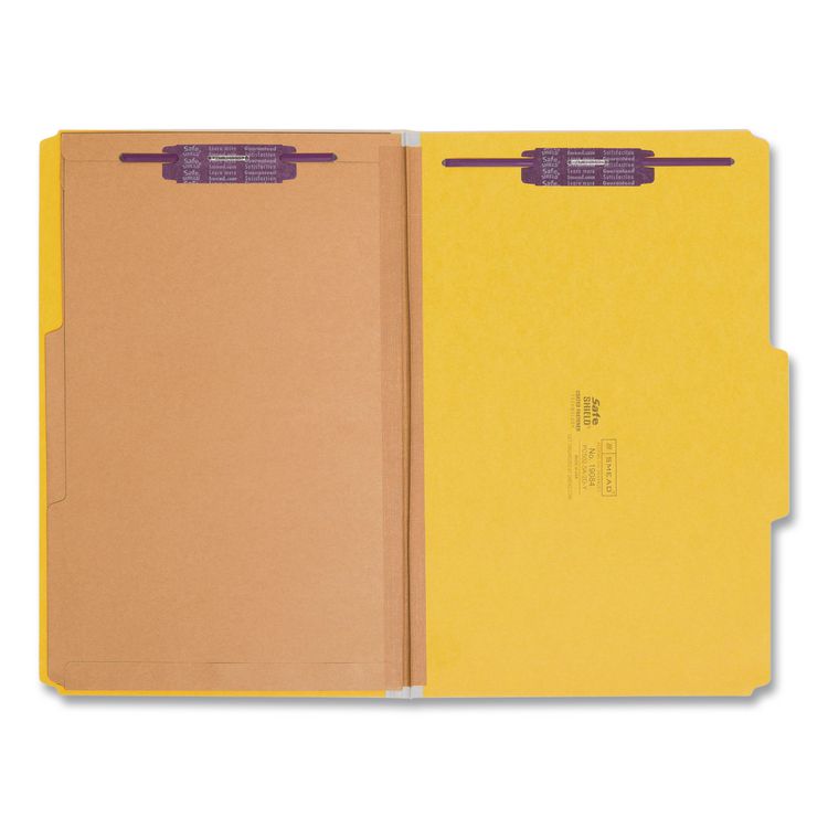 Pressboard Top Tab Pocket Classification Folders, Expands 2", 2 Dividers, 6 SafeSHIELD Fasteners, Legal Size, Yellow, 10/Box