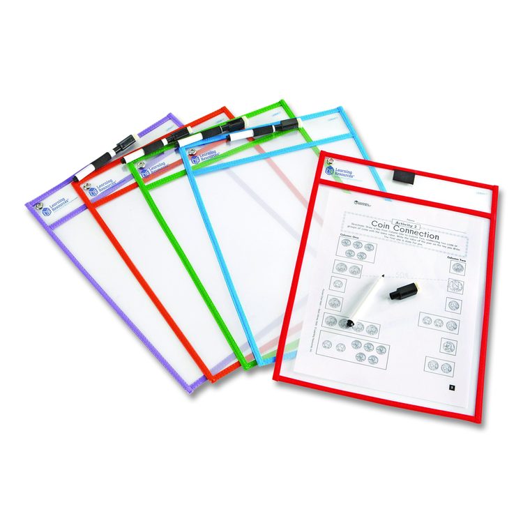 Write and Wipe Pockets, Medium-Duty, Top Load, 10" x 14" Insert, Clear Front, Assorted Color Border, 5 Pockets