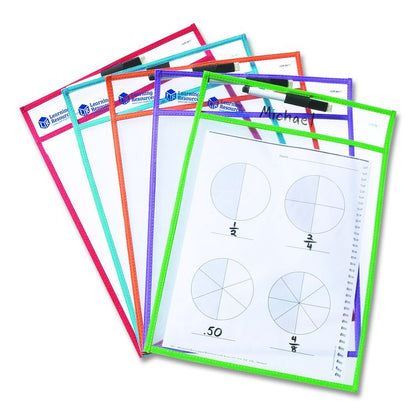 Write and Wipe Pockets, Medium-Duty, Top Load, 10" x 14" Insert, Clear Front, Assorted Color Border, 5 Pockets