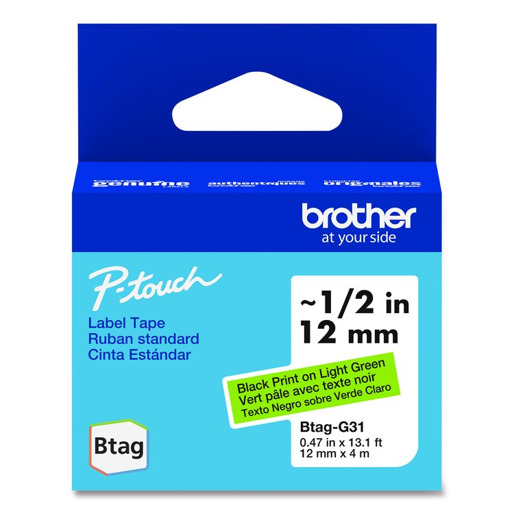 Genuine P-Touch BTAG Label Tapes, 0.47" x 13.1 ft, Black on Light Green