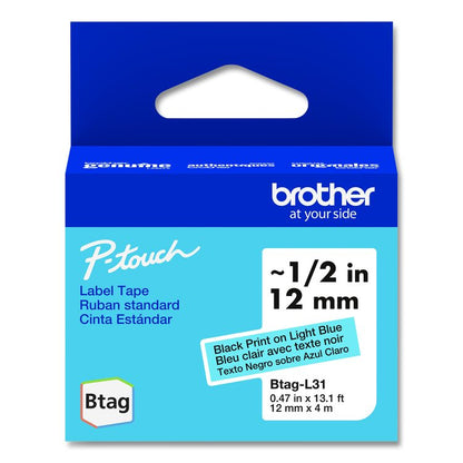 Genuine P-Touch BTAG Label Tapes, 0.47" x 13.1 ft, Black on Light Blue