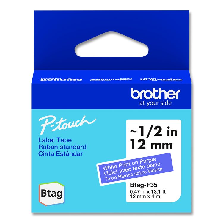 Genuine P-Touch BTAG Label Tapes, 0.47" x 13.1 ft, White on Purple