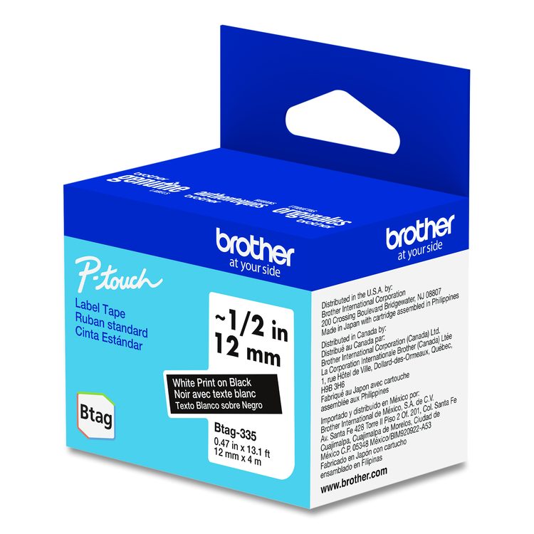Genuine P-Touch BTAG Label Tapes, 0.47" x 13.1 ft, White on Black
