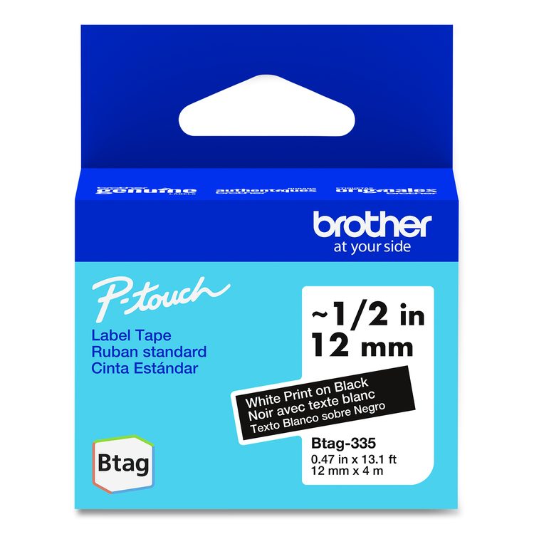 Genuine P-Touch BTAG Label Tapes, 0.47" x 13.1 ft, White on Black