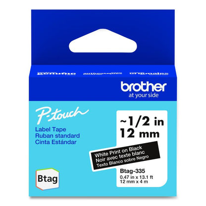 Genuine P-Touch BTAG Label Tapes, 0.47" x 13.1 ft, White on Black