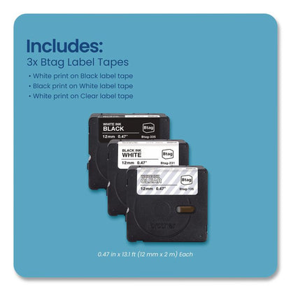 Genuine P-Touch BTAG Label Tapes, 0.47" x 13.1 ft, White on Clear, Black on White, White on Black, 3/Pack