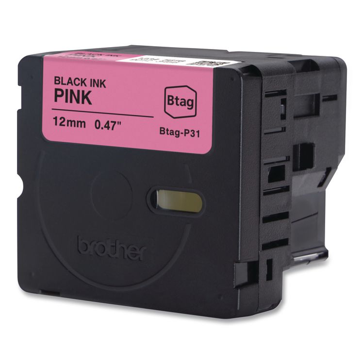 Genuine P-Touch BTAG Label Tapes, 0.47" x 13.1 ft, Black on Pink