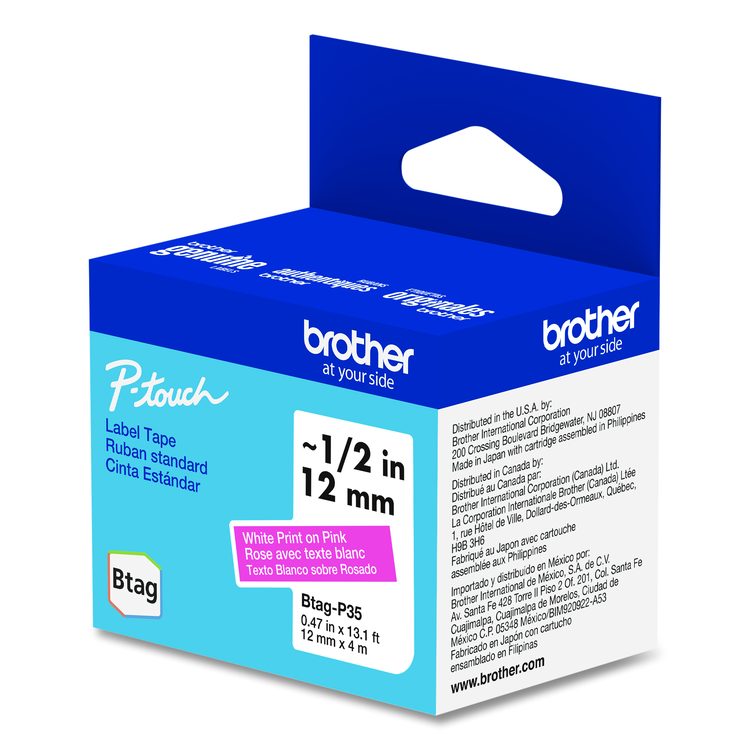 Genuine P-Touch BTAG Label Tapes, 0.47" x 13.1 ft, White on Pink