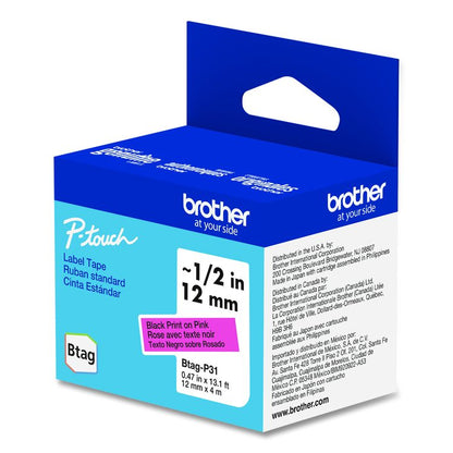 Genuine P-Touch BTAG Label Tapes, 0.47" x 13.1 ft, Black on Pink