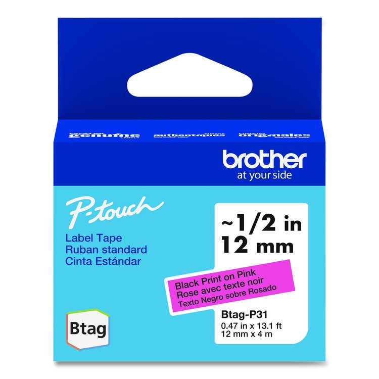 Genuine P-Touch BTAG Label Tapes, 0.47" x 13.1 ft, Black on Pink