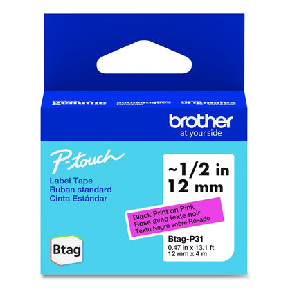 Genuine P-Touch BTAG Label Tapes, 0.47" x 13.1 ft, Black on Pink