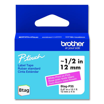 Genuine P-Touch BTAG Label Tapes, 0.47" x 13.1 ft, White on Pink