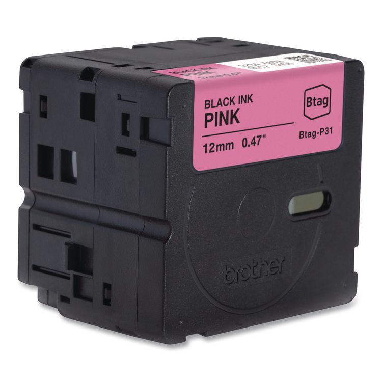Genuine P-Touch BTAG Label Tapes, 0.47" x 13.1 ft, Black on Pink
