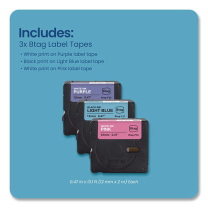 Genuine P-Touch BTAG Label Tapes, 0.47" x 13.1 ft, White on Purple, Black on Light Blue, White on Pink