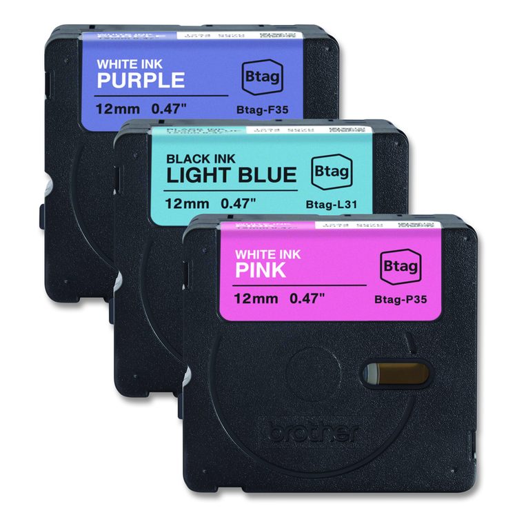 Genuine P-Touch BTAG Label Tapes, 0.47" x 13.1 ft, White on Purple, Black on Light Blue, White on Pink