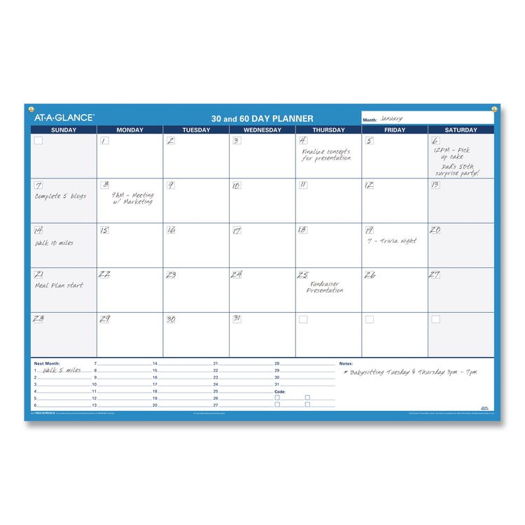 30/60-Day Undated Horizontal Erasable Wall Planner, 36 x 24, White/Blue Sheets, Undated