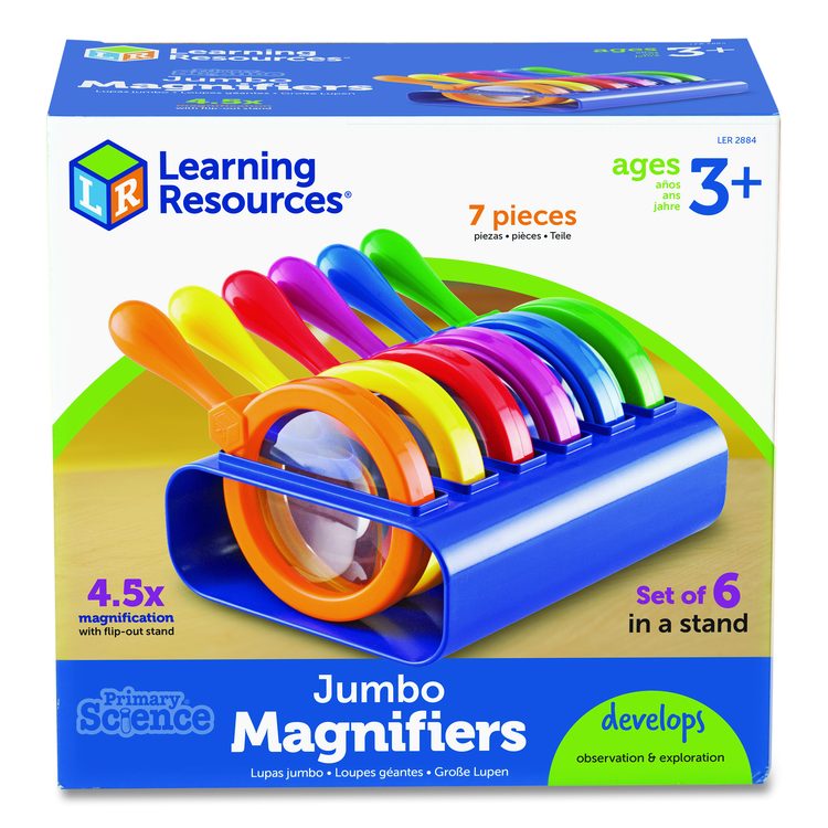 Primary Science Jumbo Magnifiers with Stand, Ages 3 and Up, 4.5x, Plastic Lens, 4.5" dia, 6/Set