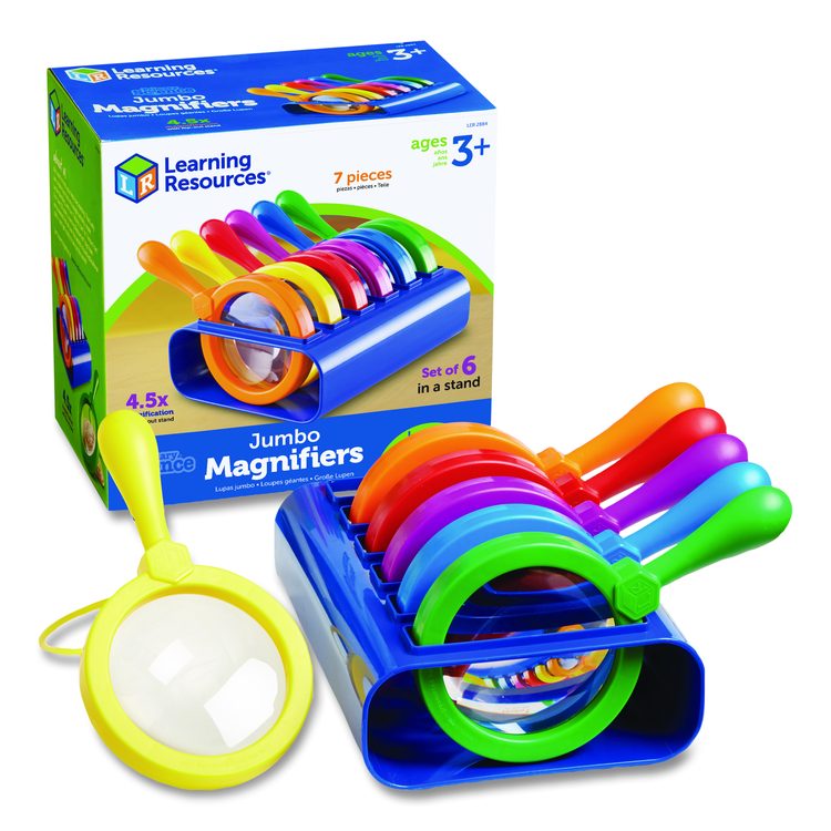Primary Science Jumbo Magnifiers with Stand, Ages 3 and Up, 4.5x, Plastic Lens, 4.5" dia, 6/Set