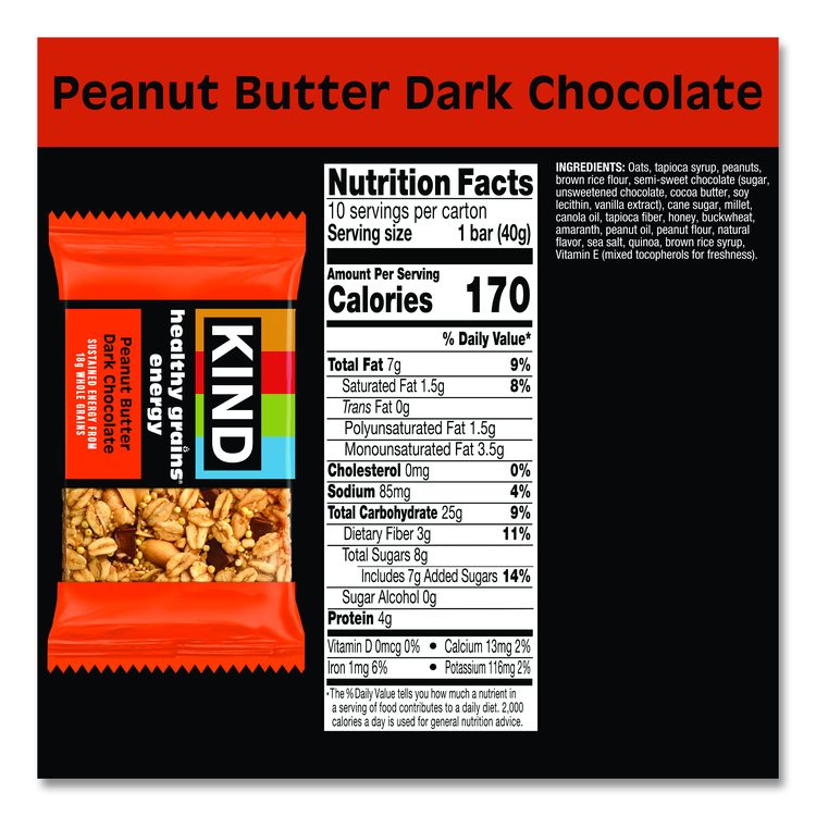 Healthy Grains Energy Peanut Butter Dark Chocolate Bars, 1.4 oz Bar, 10/Box