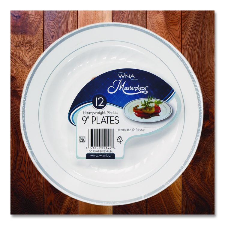 Masterpiece Plastic Plates, 9" dia, White/Silver, 10/Pack, 12 Packs/Carton