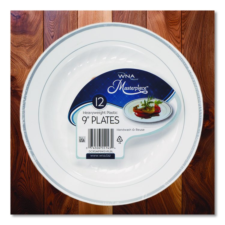 Masterpiece Plastic Dinnerware, 9" dia, White/Silver, 10/Pack
