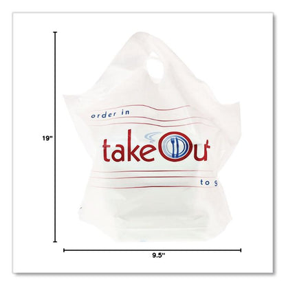 Wave Top To-Go Bags, Take-Out Labeling, Cut-Out Handles, 1.2 mil, 19" x 9.5" x 19", White/Blue/Red, 500/Carton