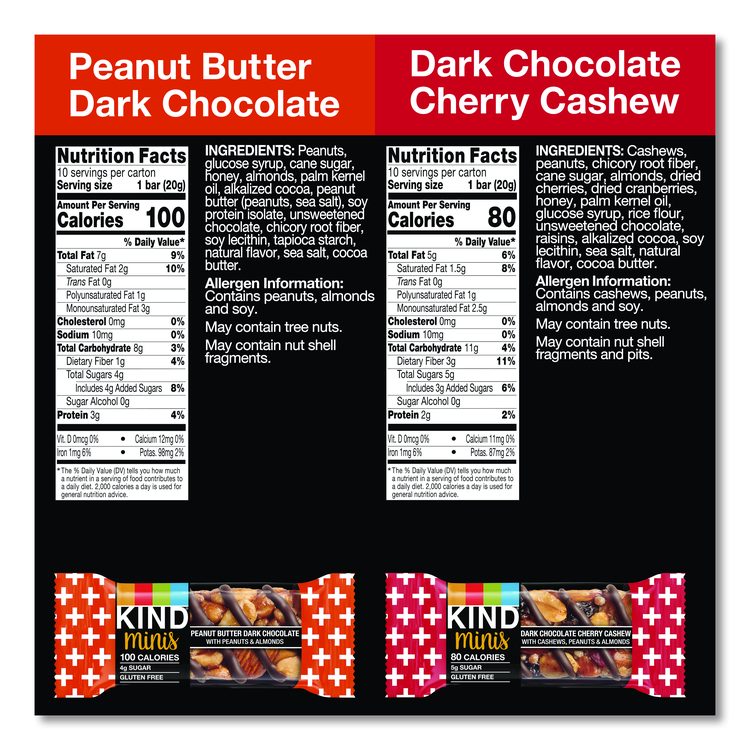 Minis Peanut Butter Dark Chocolate and Dark Chocolate Cherry Cashew Variety Pack, 0.74 oz Bar, 20/Box